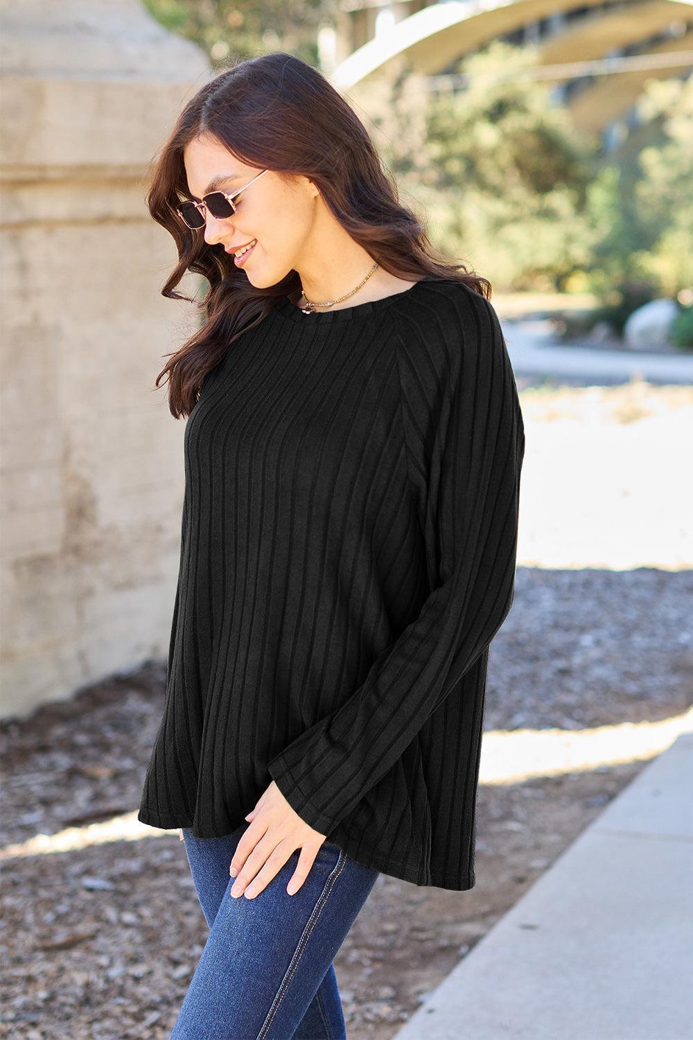 Women's Ribbed Knit Top-Sweaters-Evelyns Fashion