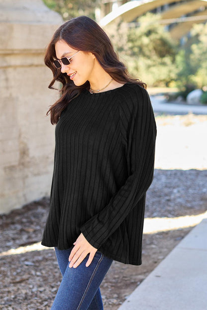 Women's Ribbed Knit Top-Sweaters-Evelyns Fashion