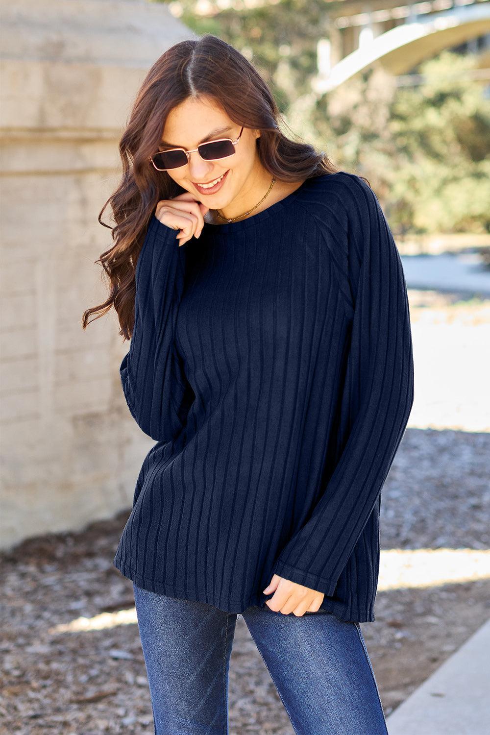 Women's Ribbed Knit Top-Sweaters-Evelyns Fashion