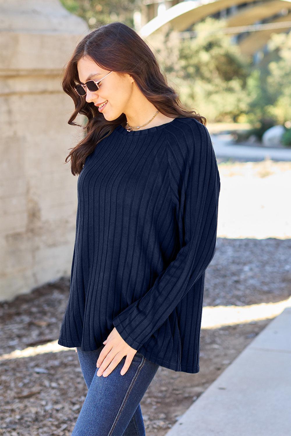 Women's Ribbed Knit Top-Sweaters-Evelyns Fashion