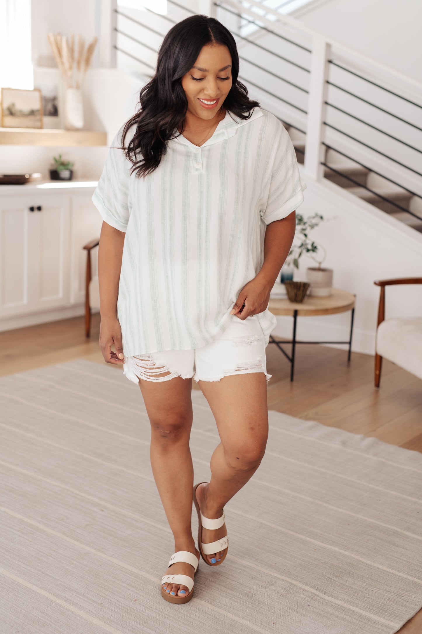 Women's Short Sleeve Striped Top-Tops-Evelyns Fashion