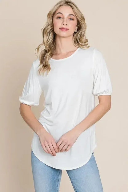 Women's White Puff Sleeve T-Shirt-T-Shirts-Evelyns Fashion