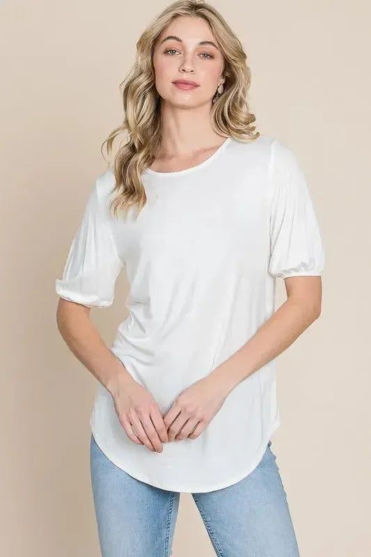 Women's White Puff Sleeve T-Shirt-T-Shirts-Evelyns Fashion