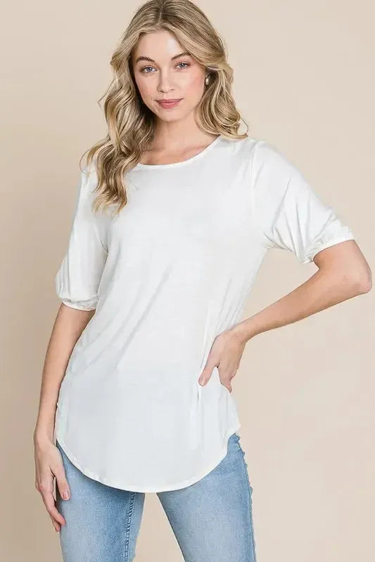 Women's White Puff Sleeve T-Shirt-T-Shirts-Evelyns Fashion