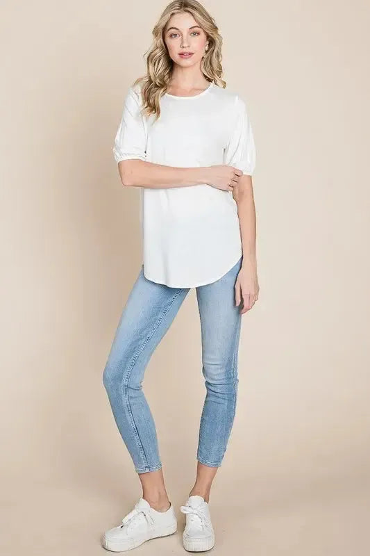 Women's White Puff Sleeve T-Shirt-T-Shirts-Evelyns Fashion