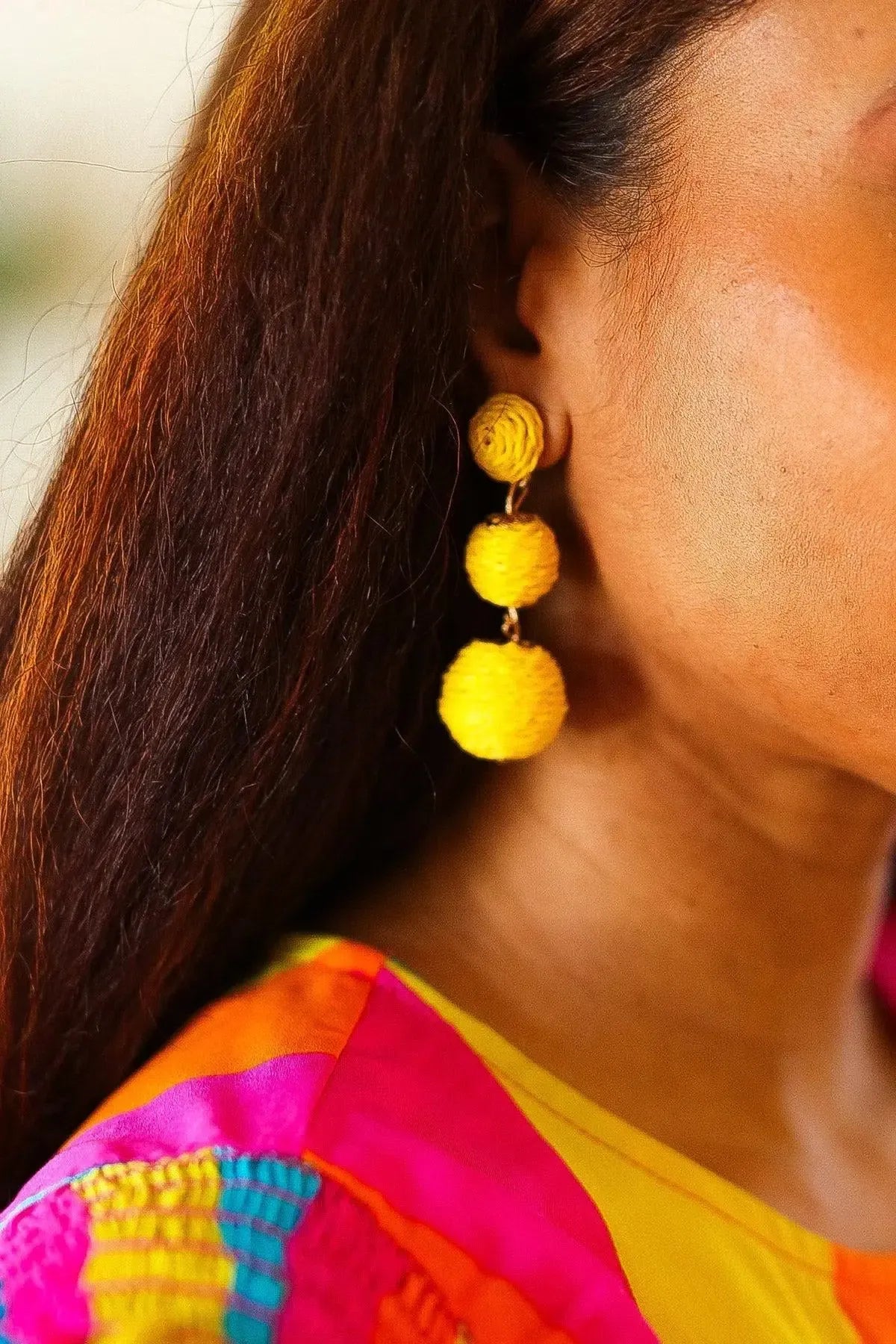 Yellow Raffia Lantern Pom Dangle Earrings-2024 Summer Blow Out Sale-Evelyns Fashion
