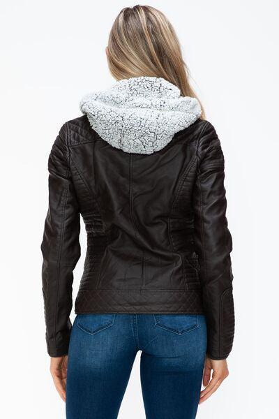YMI Faux Layered Double-Zipper Jacket with Fuzzy Hood-OUTERWEAR-Evelyns Fashion