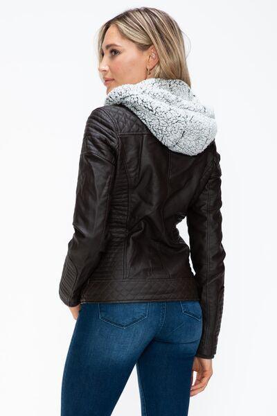 YMI Faux Layered Double-Zipper Jacket with Fuzzy Hood-OUTERWEAR-Evelyns Fashion