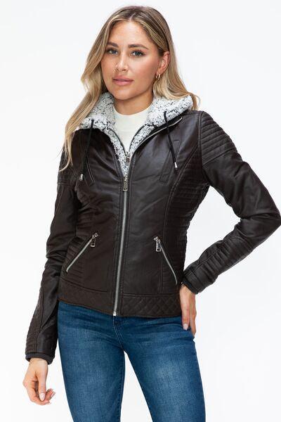 YMI Faux Layered Double-Zipper Jacket with Fuzzy Hood-OUTERWEAR-Evelyns Fashion