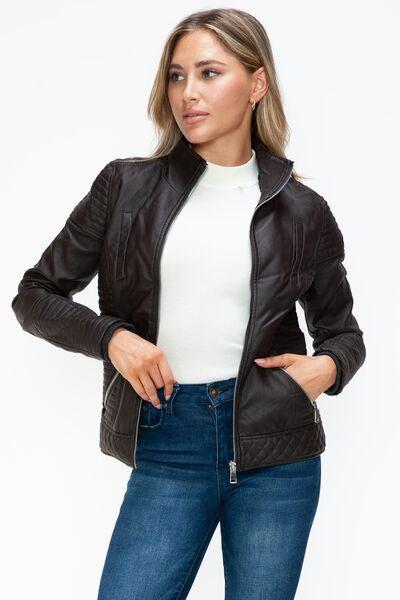 YMI Faux Layered Double-Zipper Jacket with Fuzzy Hood-OUTERWEAR-Evelyns Fashion