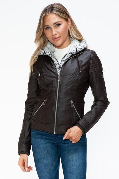 YMI Faux Layered Double-Zipper Jacket with Fuzzy Hood-OUTERWEAR-Evelyns Fashion