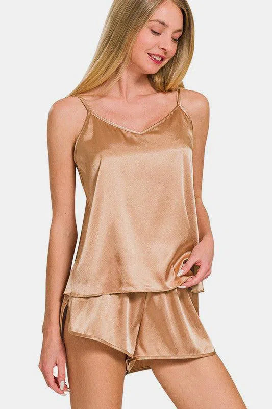 Zenana V-Neck Satin Cami & Lounge Shorts Set-Apparel & Accessories-Evelyns Fashion