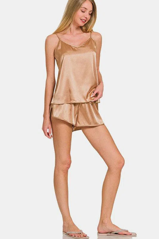 Zenana V-Neck Satin Cami & Lounge Shorts Set-Apparel & Accessories-Evelyns Fashion