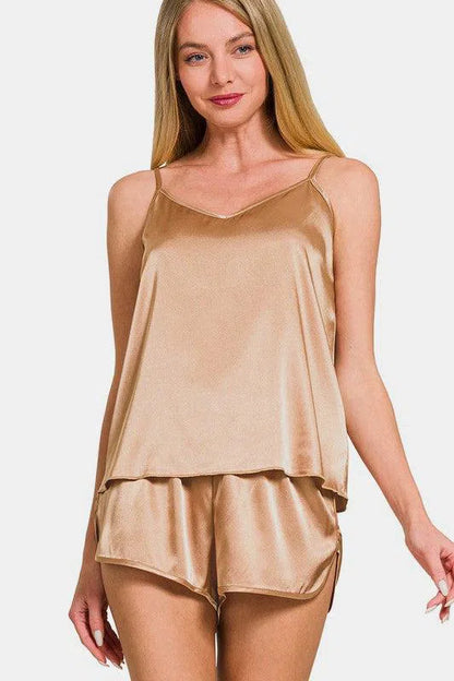 Zenana V-Neck Satin Cami & Lounge Shorts Set-Apparel & Accessories-Evelyns Fashion