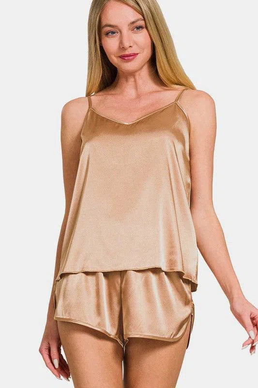 Zenana V-Neck Satin Cami & Lounge Shorts Set-Apparel & Accessories-Evelyns Fashion