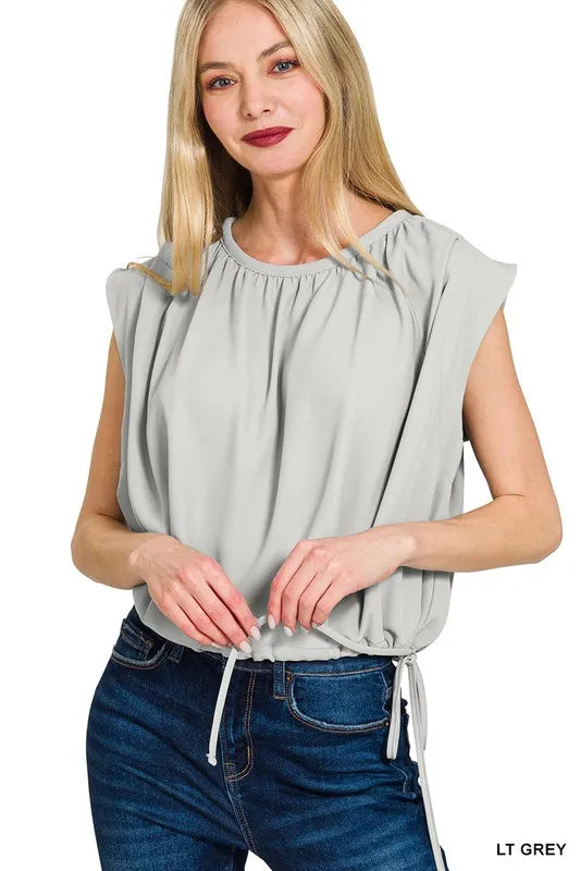 Zenana Woven Drawstring Tie Side Sleeveless Top-Apparel & Accessories-Evelyns Fashion